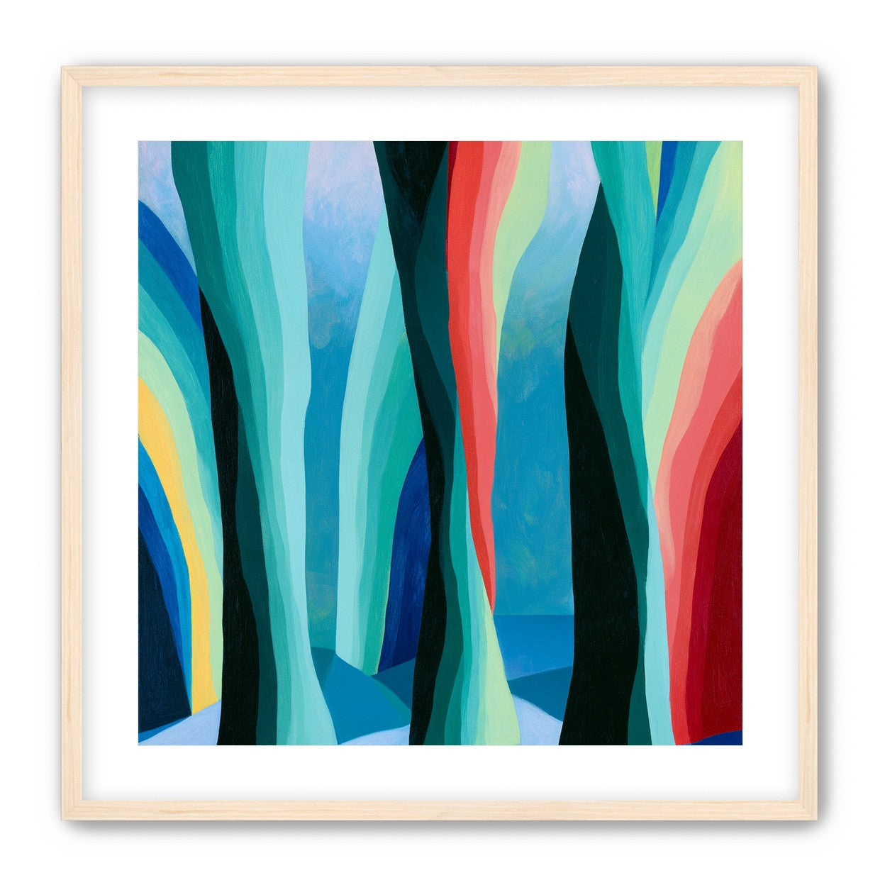 Between red trunks and blue shadows