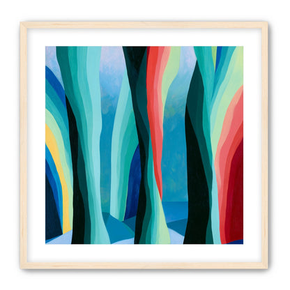 Between red trunks and blue shadows