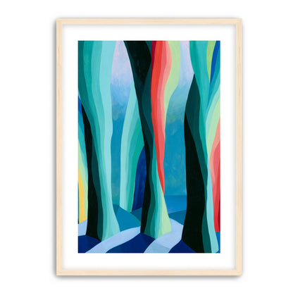 Between red trunks and blue shadows