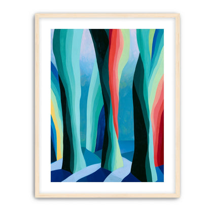 Between red trunks and blue shadows