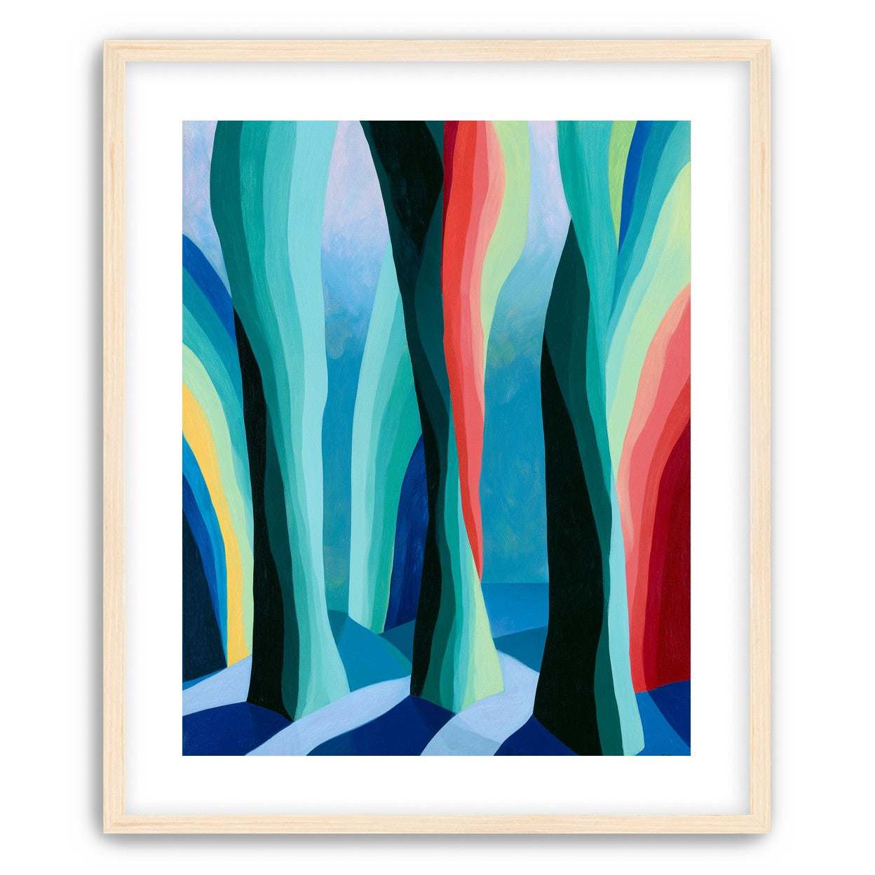 Between red trunks and blue shadows