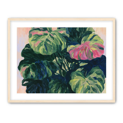 Pink light on green leaves