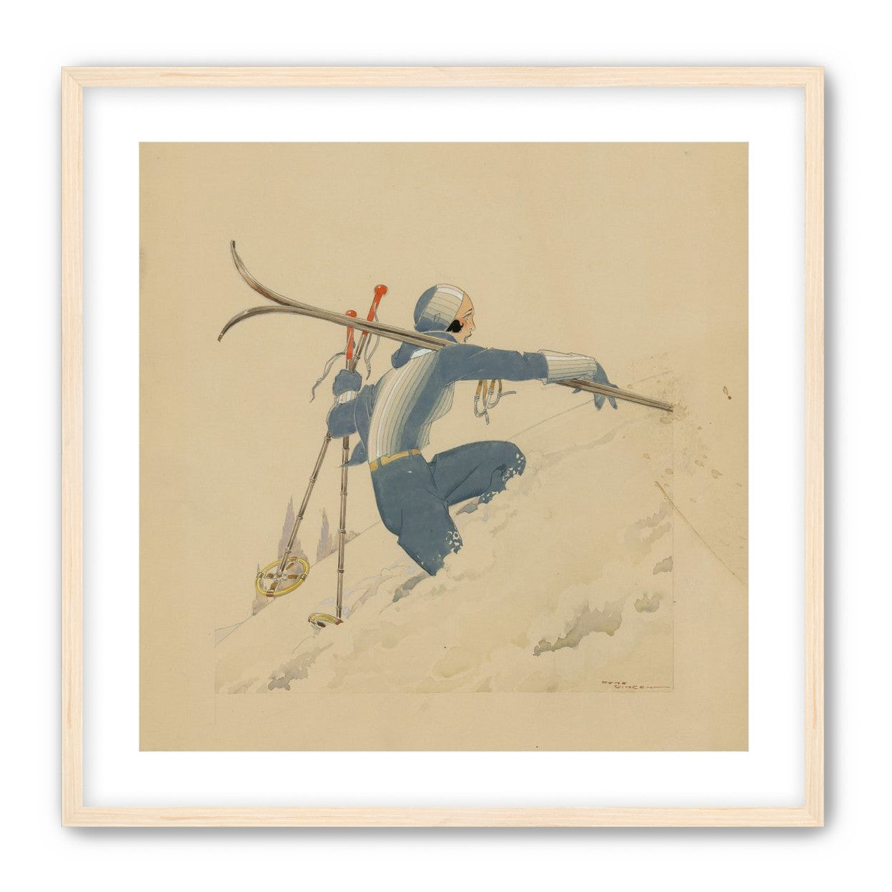 Blue skier in pale snow