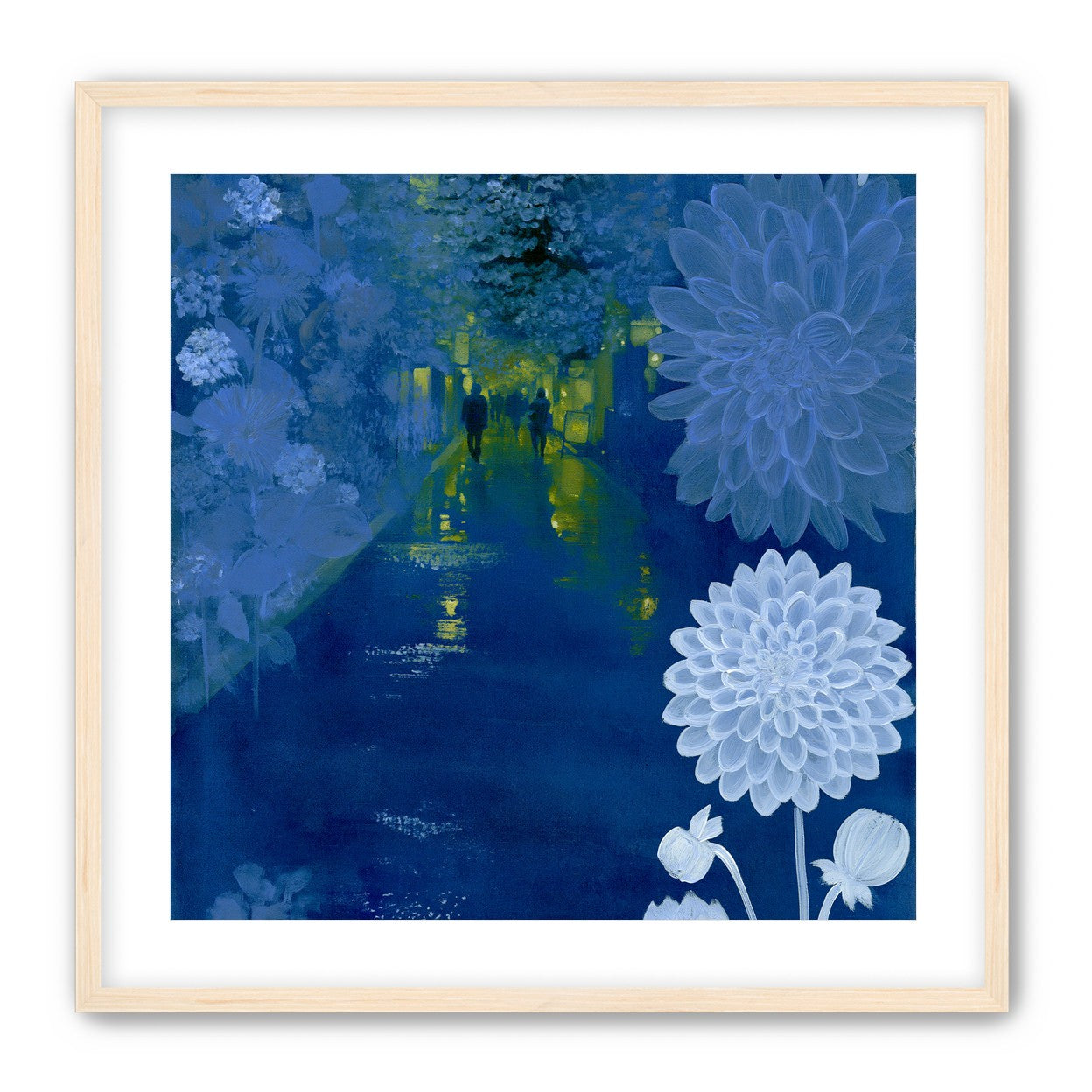 Two walkers under giant flowers