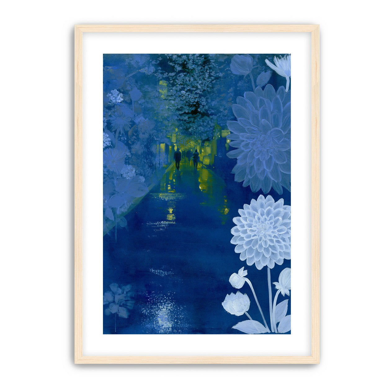 Two walkers under giant flowers