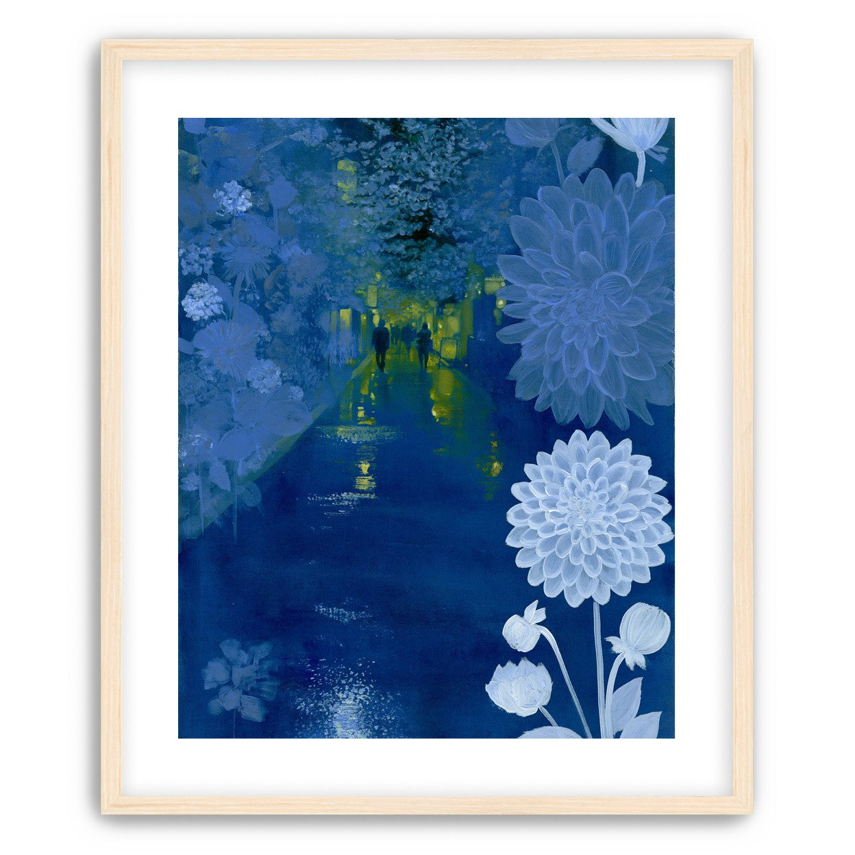 Two walkers under giant flowers