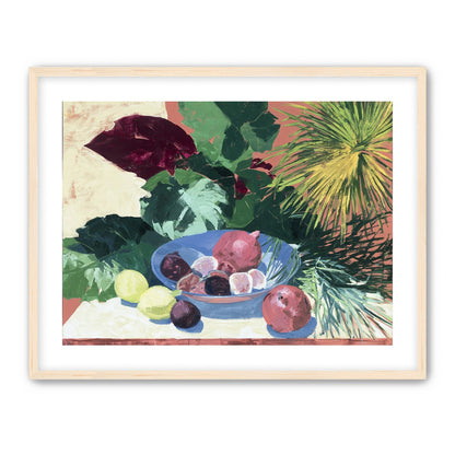 Blue bowl under palm frond