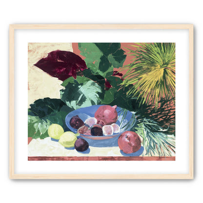 Blue bowl under palm frond