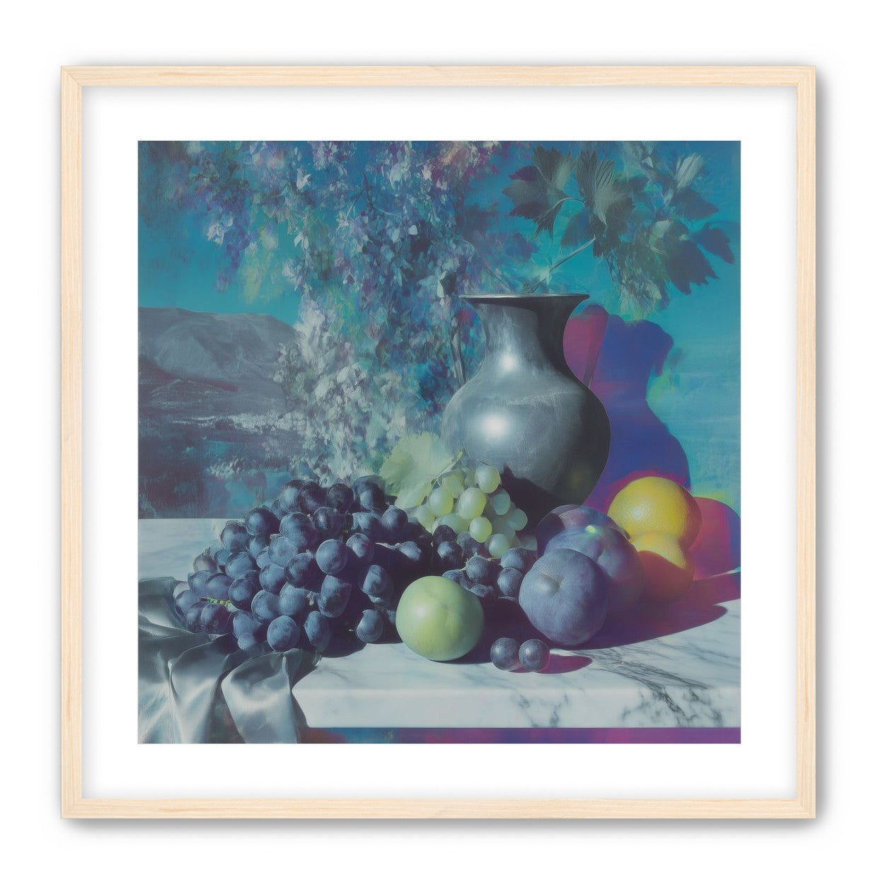 Vase and fruit in blue haze