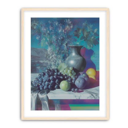 Vase and fruit in blue haze