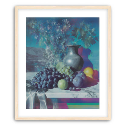 Vase and fruit in blue haze