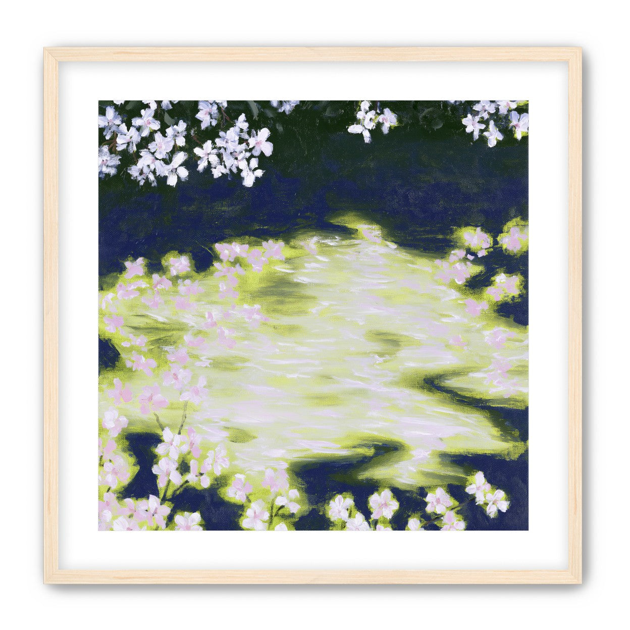Petals crossing the bright water