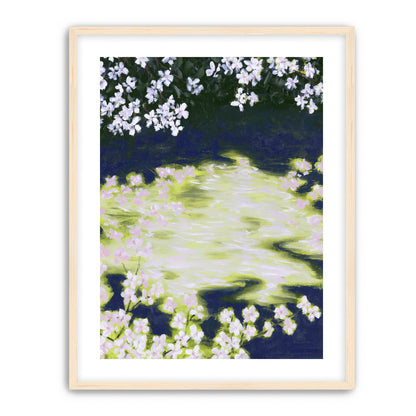 Petals crossing the bright water