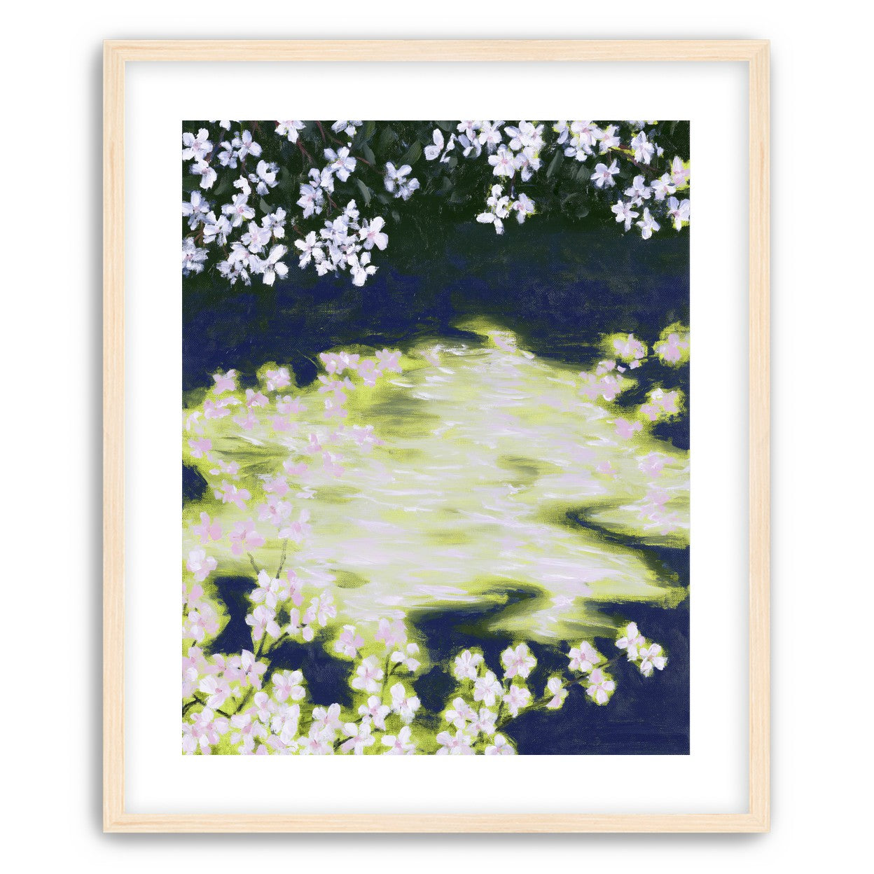 Petals crossing the bright water