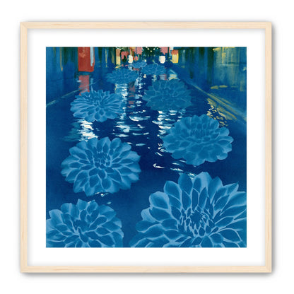 Neon spills into blue floodwater