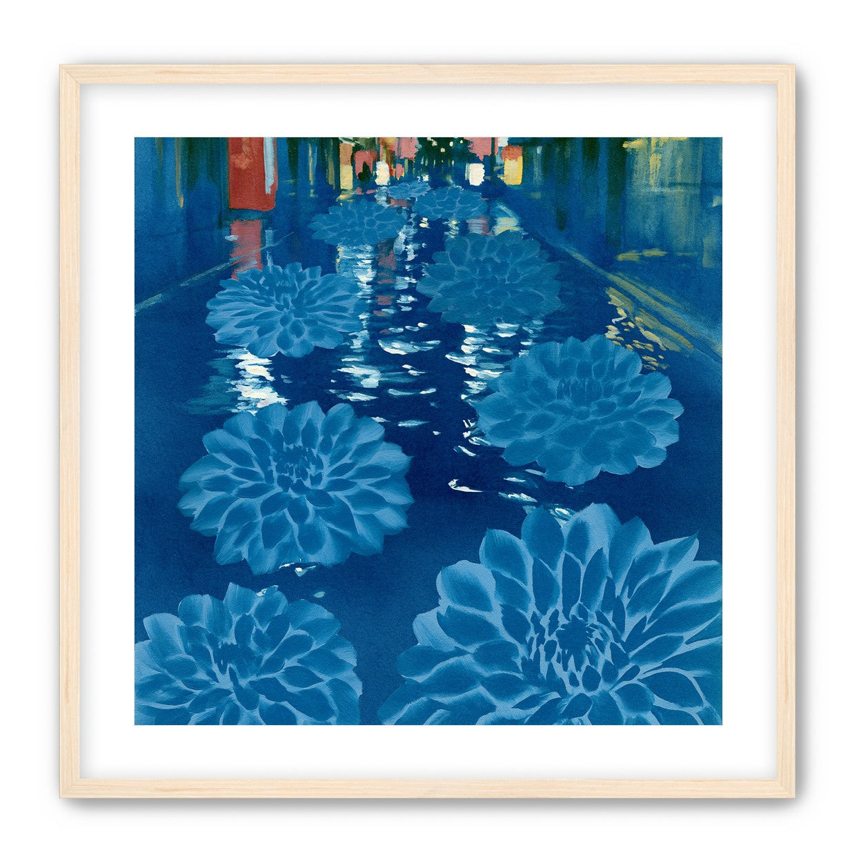 Neon spills into blue floodwater