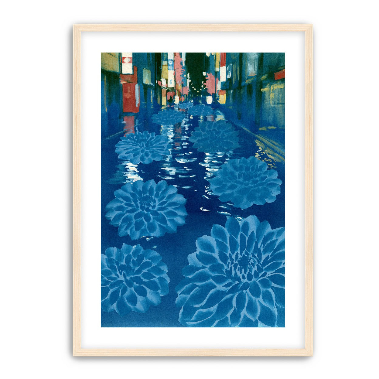 Neon spills into blue floodwater