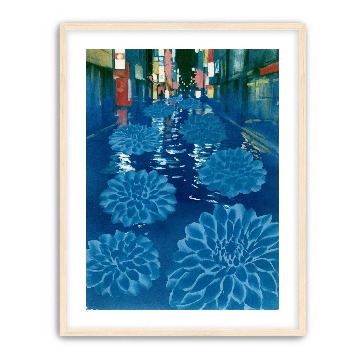 Neon spills into blue floodwater