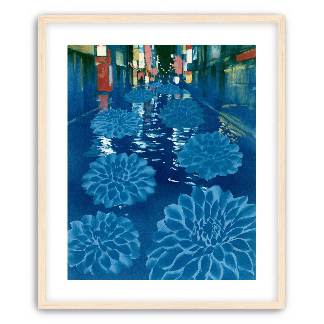 Neon spills into blue floodwater