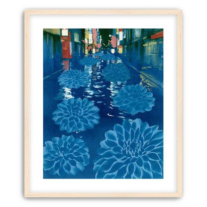 Neon spills into blue floodwater