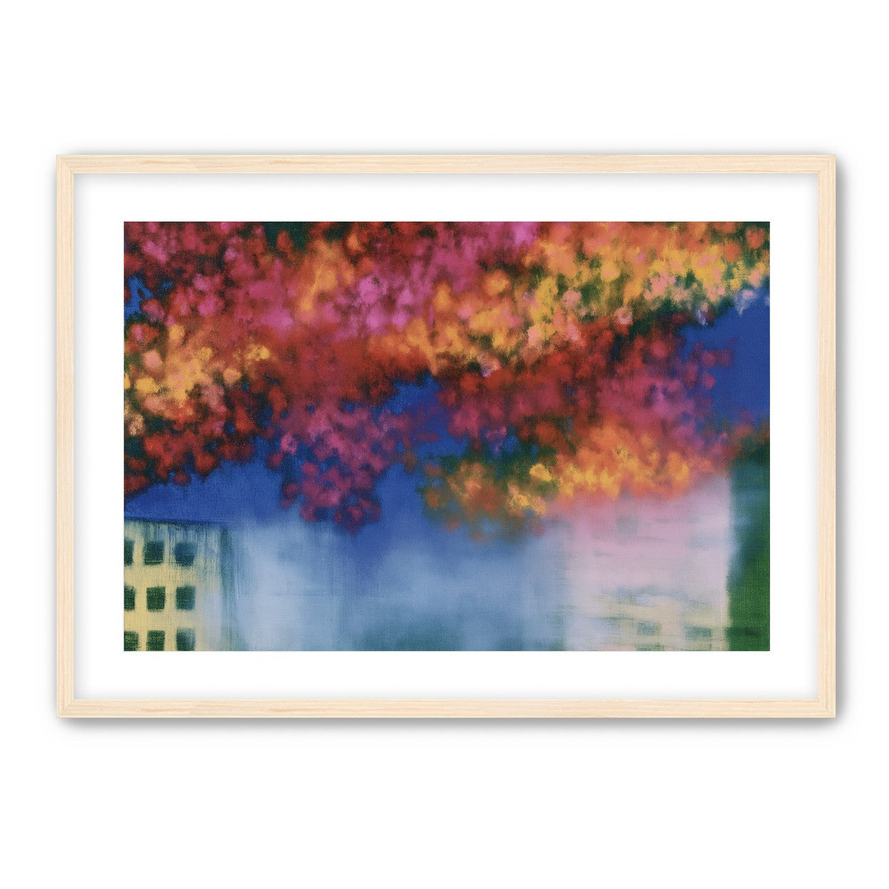 Trees above blurred windows
