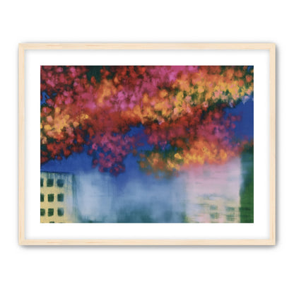 Trees above blurred windows