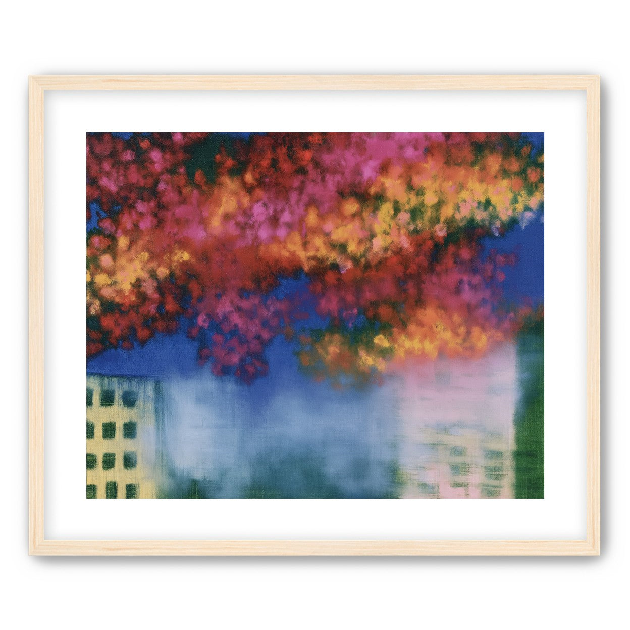 Trees above blurred windows