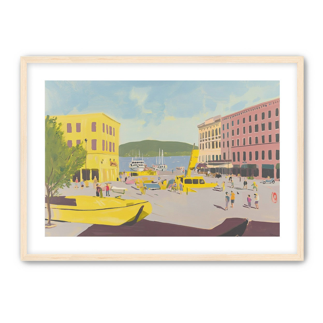 Yellow boats among pastel buildings