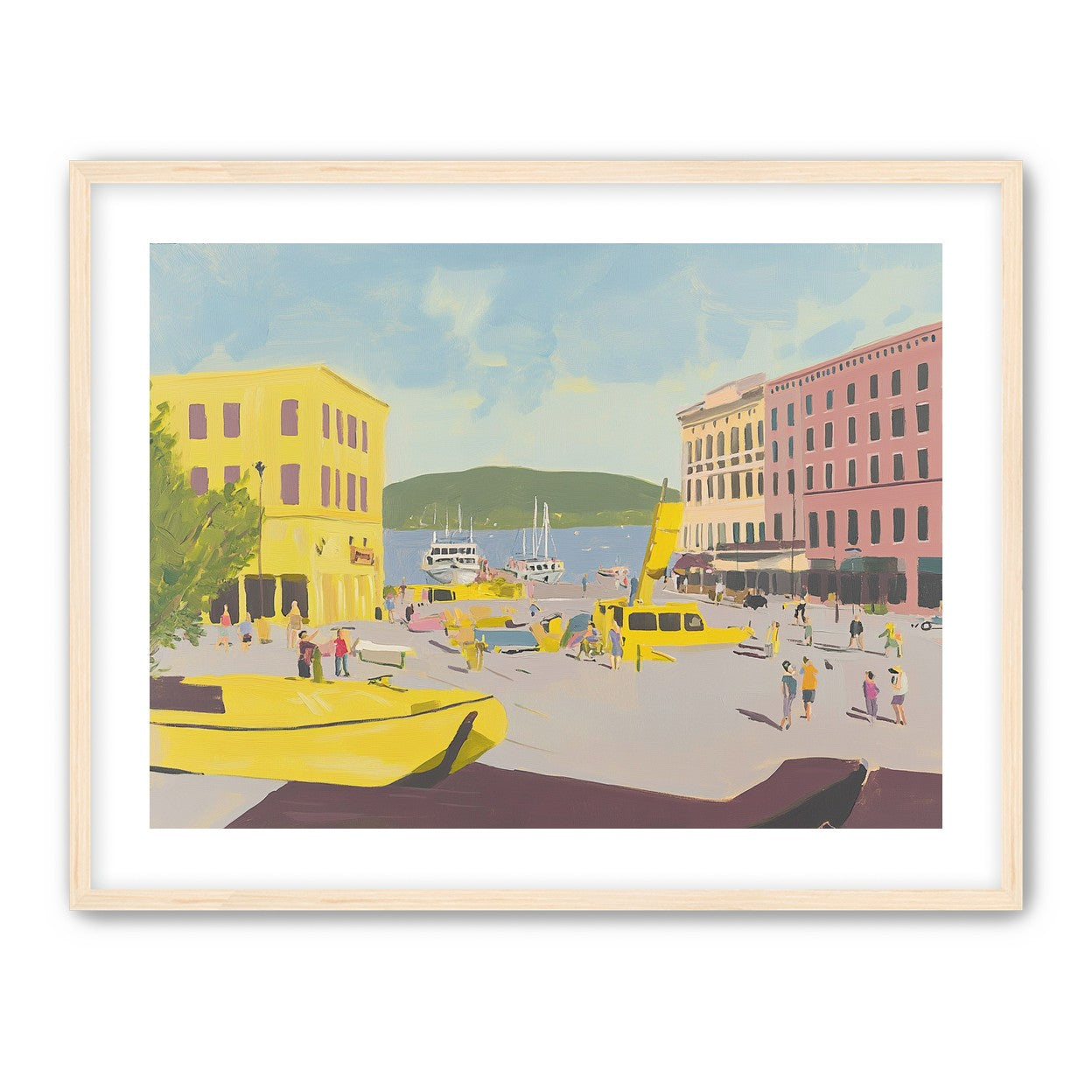 Yellow boats among pastel buildings