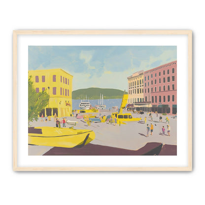 Yellow boats among pastel buildings