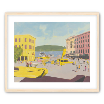 Yellow boats among pastel buildings