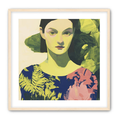 Green leaves behind her portrait
