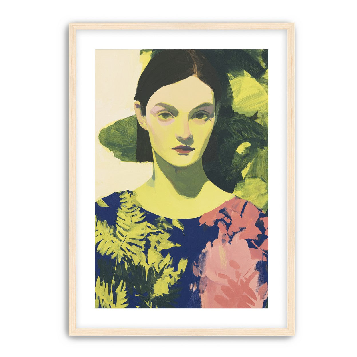 Green leaves behind her portrait