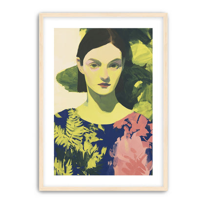 Green leaves behind her portrait