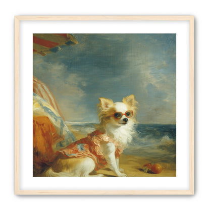 Seaside dog in red sunglasses