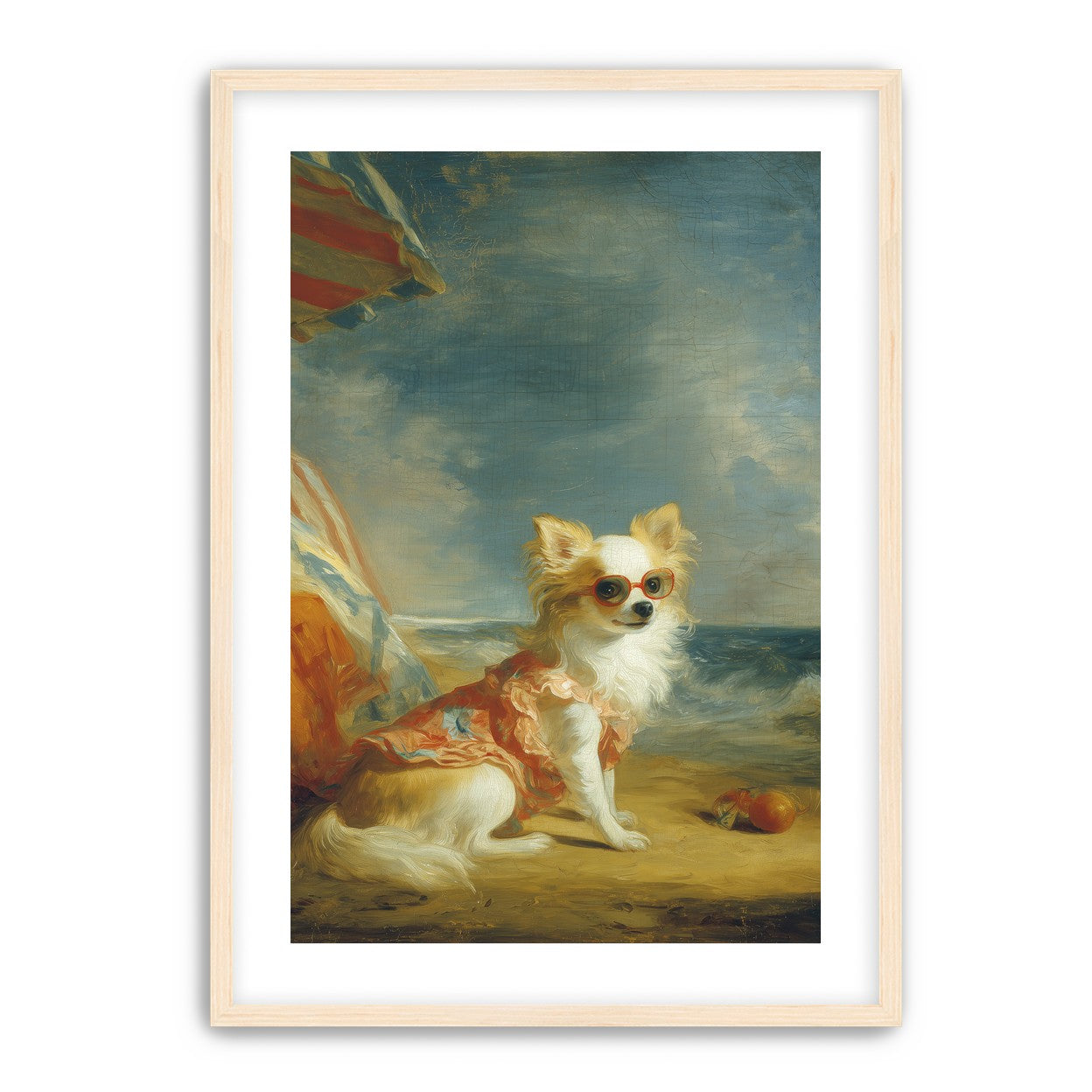 Seaside dog in red sunglasses