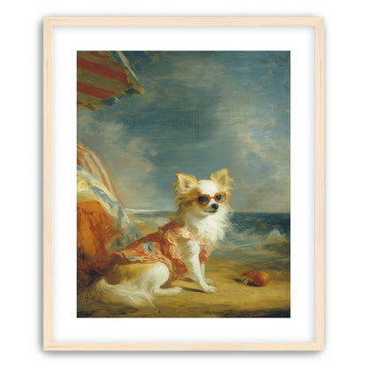 Seaside dog in red sunglasses