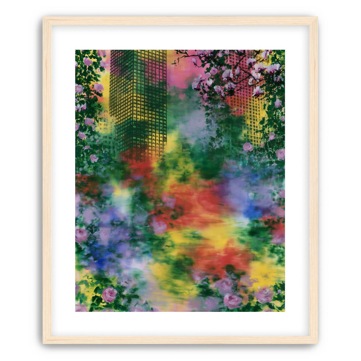 Blossoms over rainbow glass