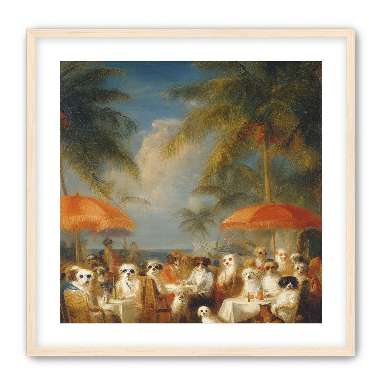 Dogs at seaside tables