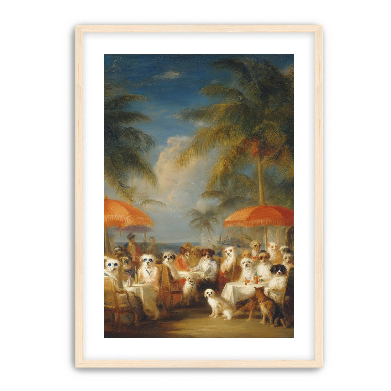 Dogs at seaside tables
