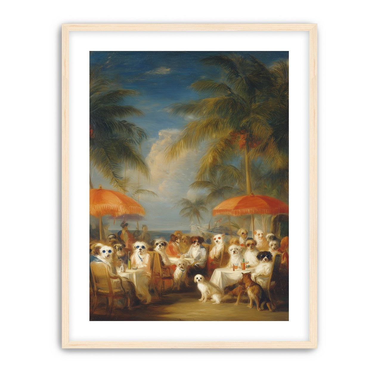 Dogs at seaside tables
