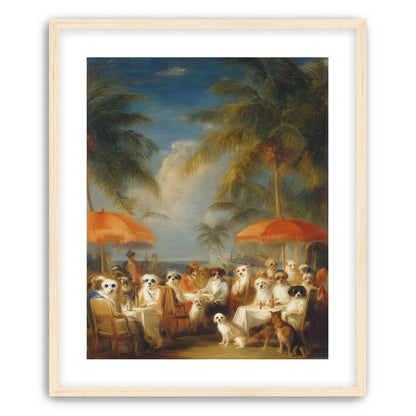 Dogs at seaside tables