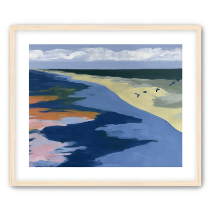 Birds over the pale shore