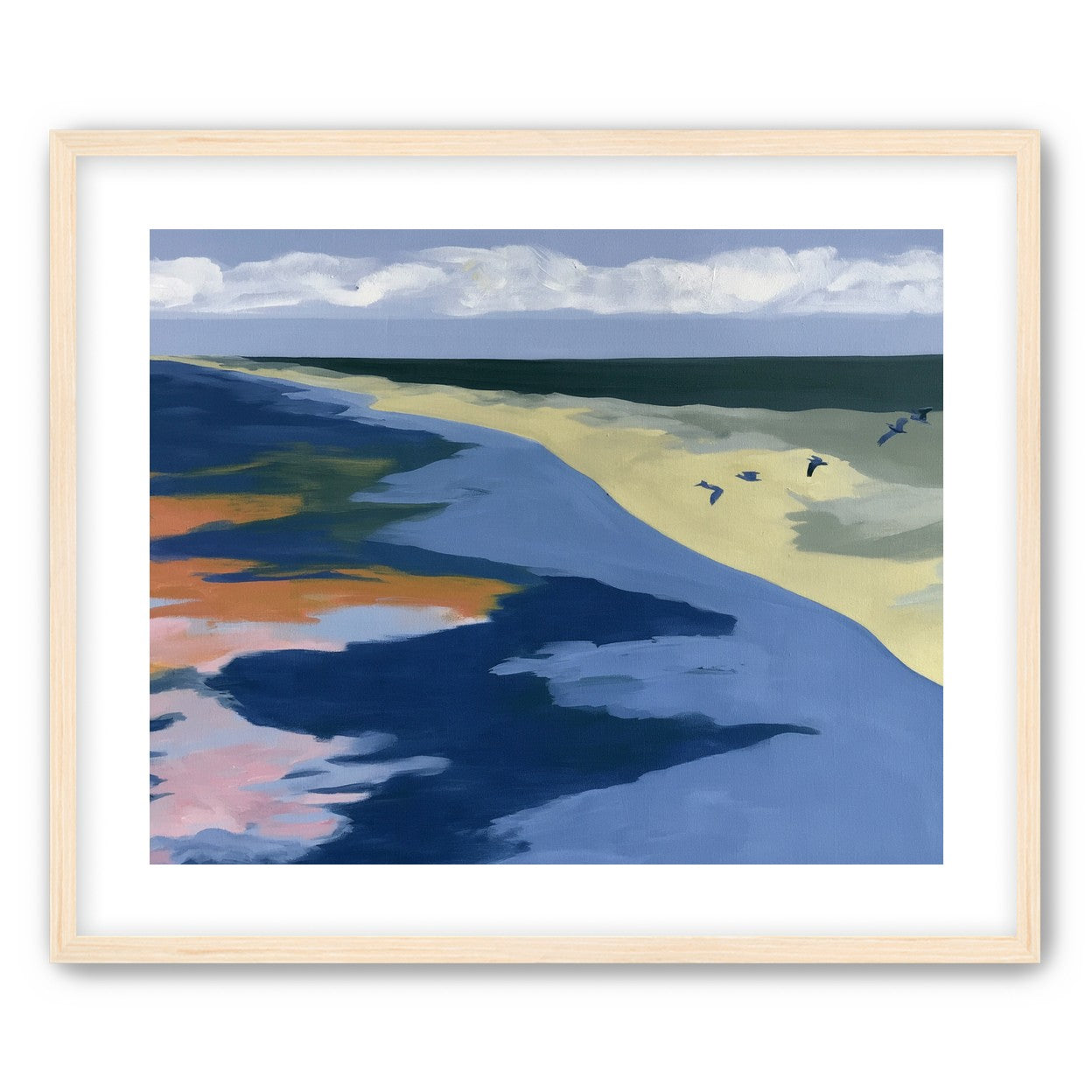 Birds over the pale shore