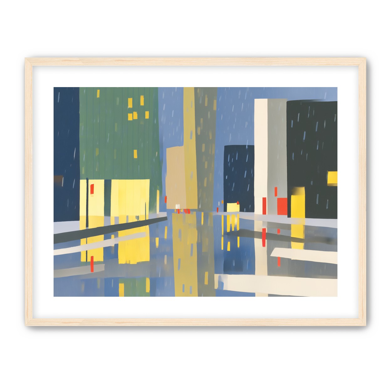 Yellow windows on wet blue street