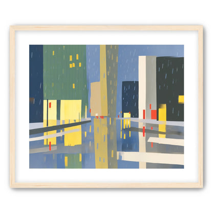 Yellow windows on wet blue street