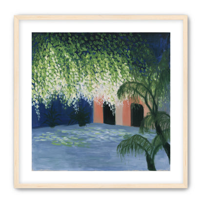 Doorway under falling blossoms