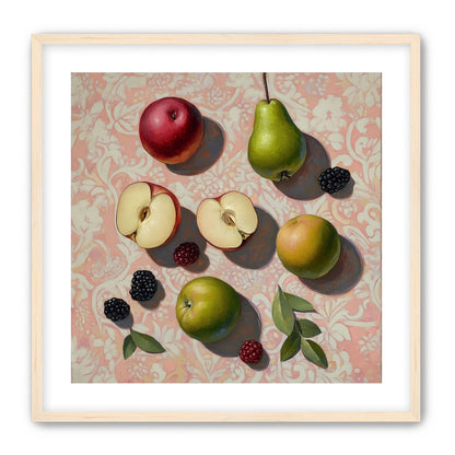 Apples, Pear, and Berries on Floral Fabric