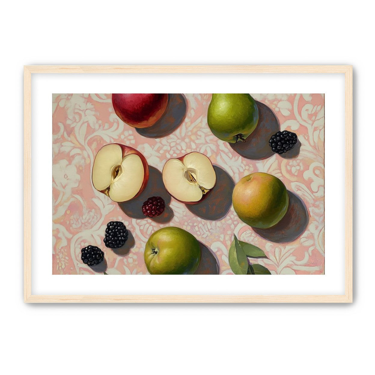 Apples, Pear, and Berries on Floral Fabric
