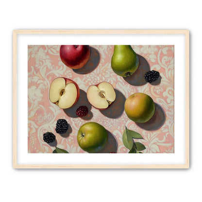 Apples, Pear, and Berries on Floral Fabric
